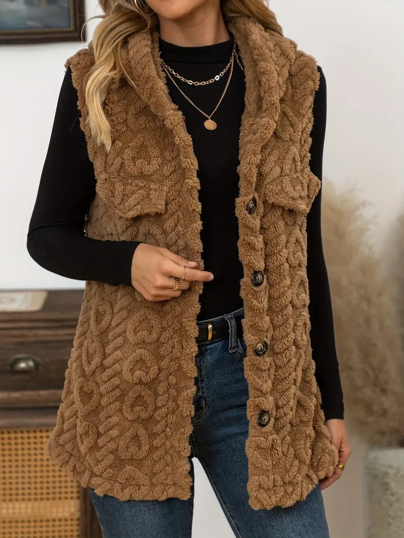 Textured Sherpa Hooded Sleeveless Jacket - Coffee