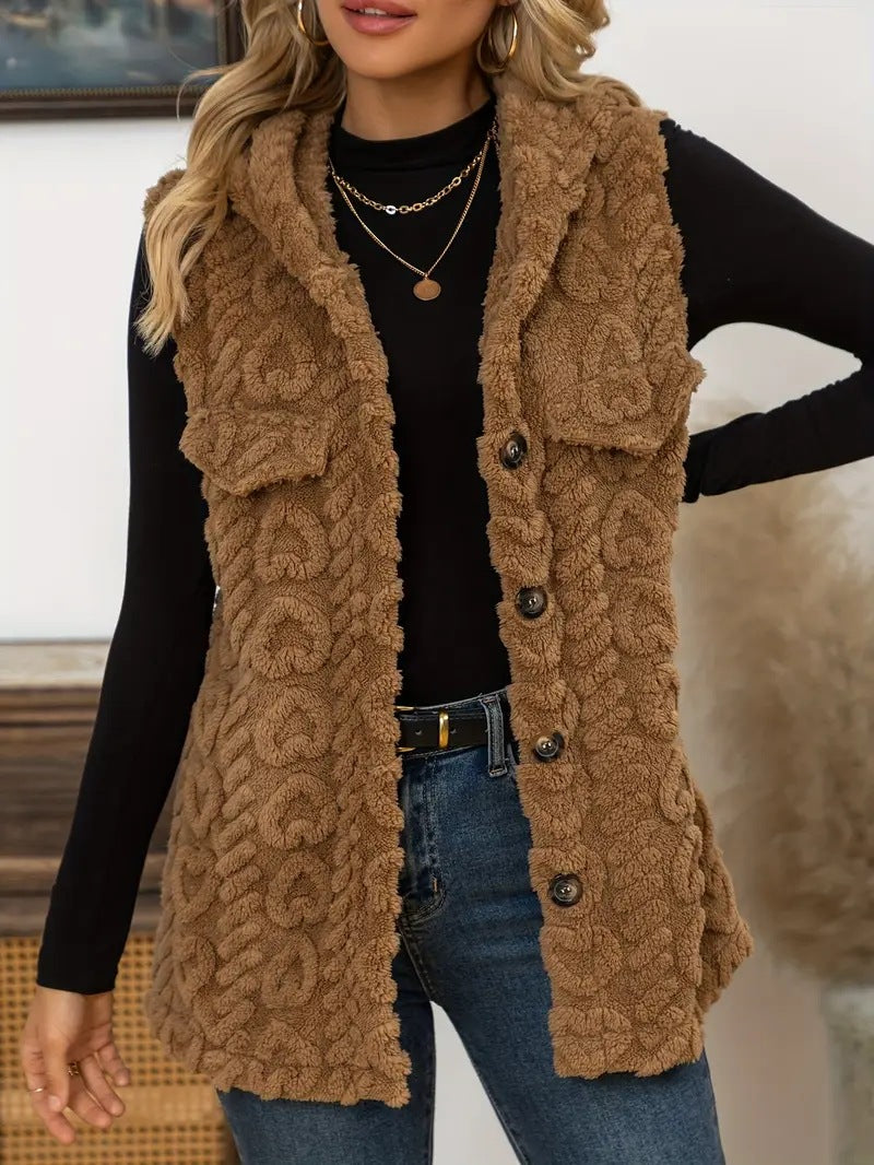 Textured Sherpa Hooded Sleeveless Jacket