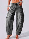 Barrel Leg Jeans with Button Trim Side Seams - Black