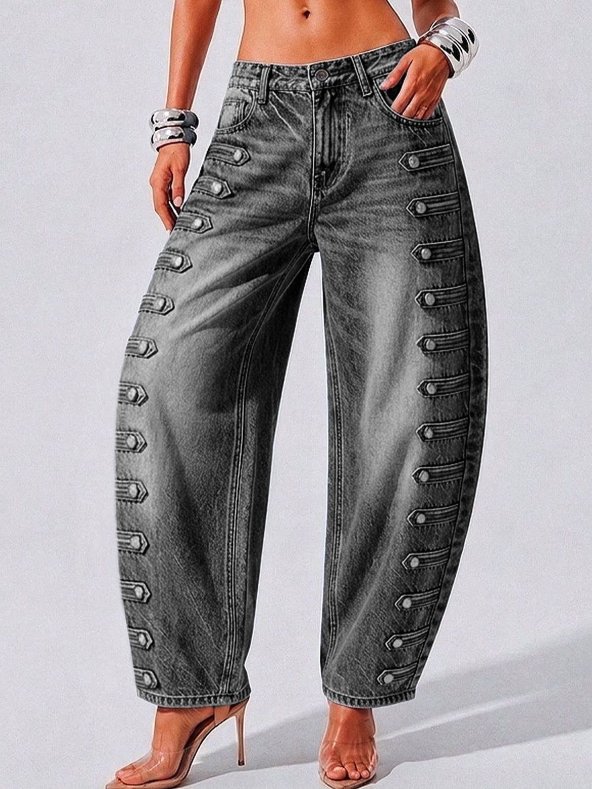 Barrel Leg Jeans with Button Trim Side Seams - Black