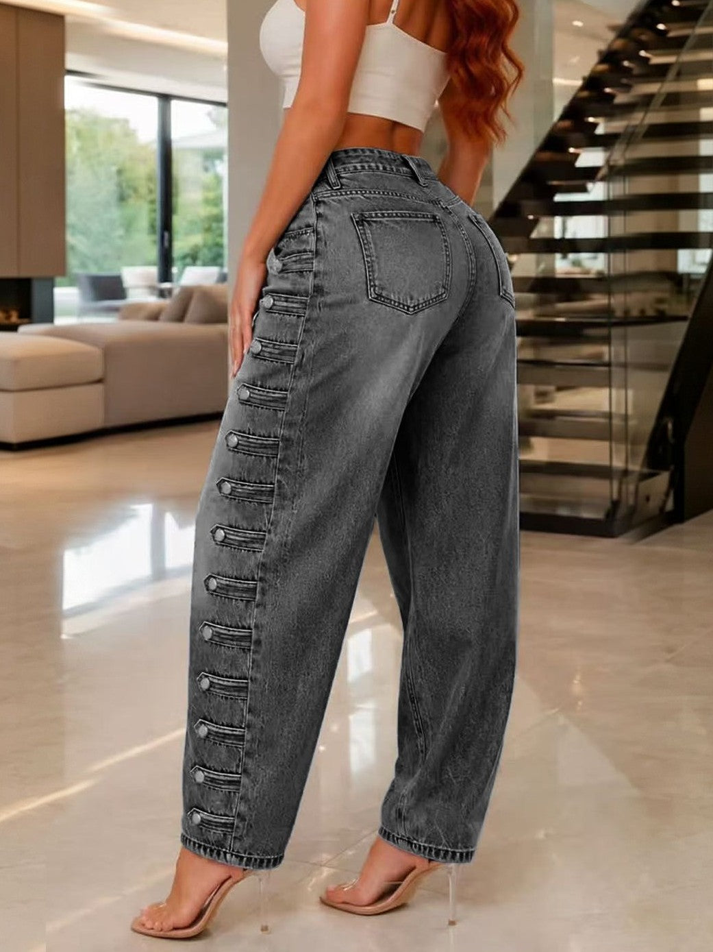 Barrel Leg Jeans with Button Trim Side Seams - Black - 1