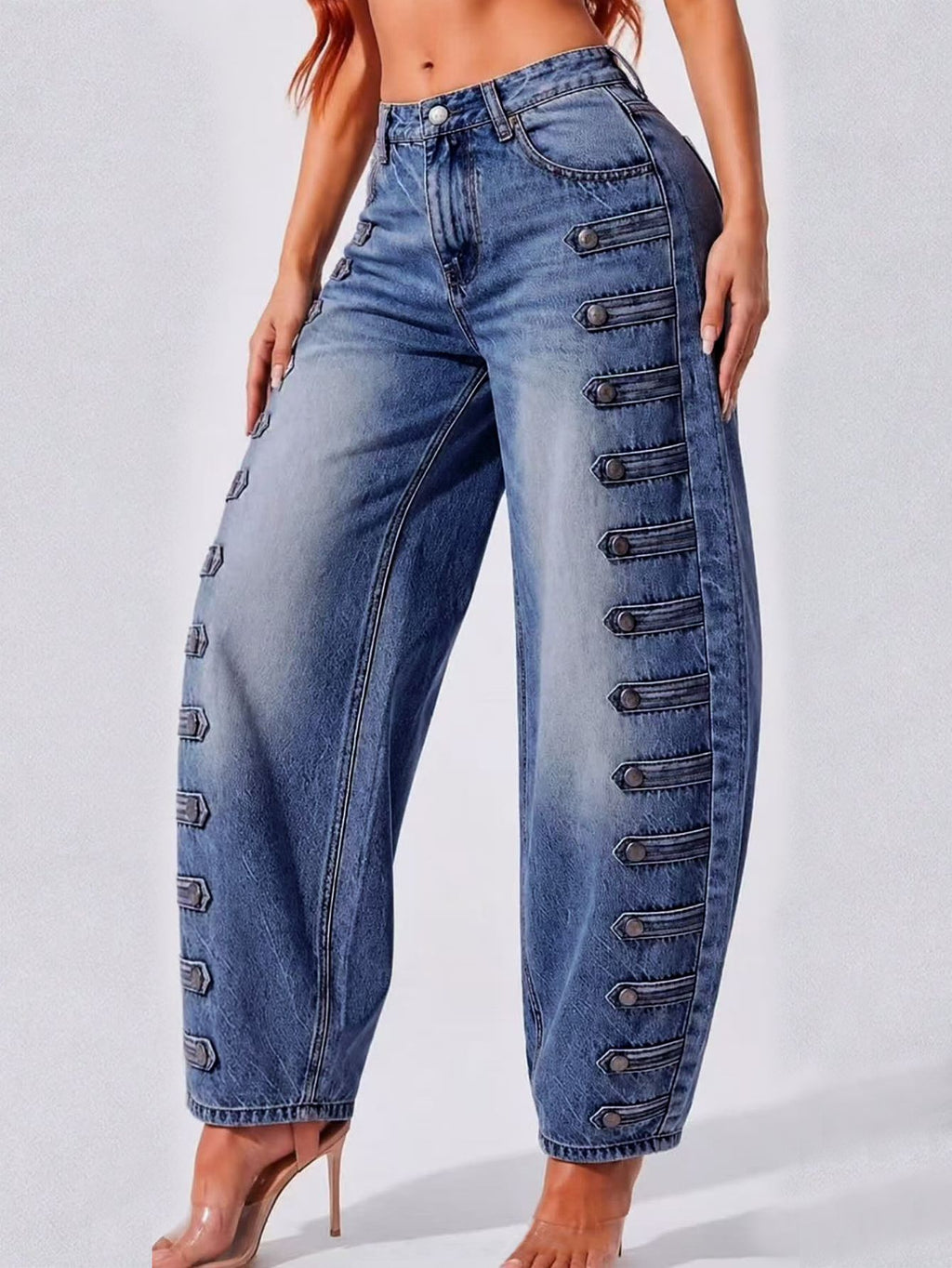 Barrel Leg Jeans with Button Trim Side Seams - Dark_Blue