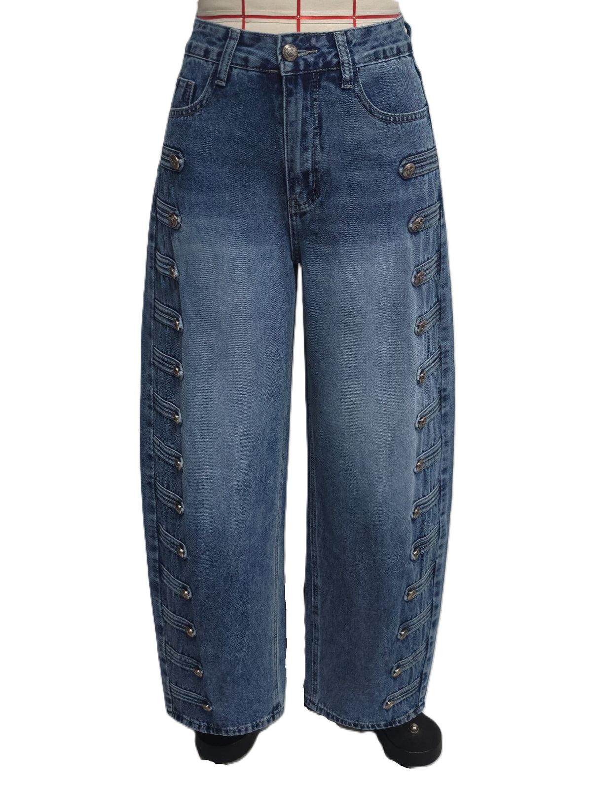 Barrel Leg Jeans with Button Trim Side Seams - Dark_Blue - 1