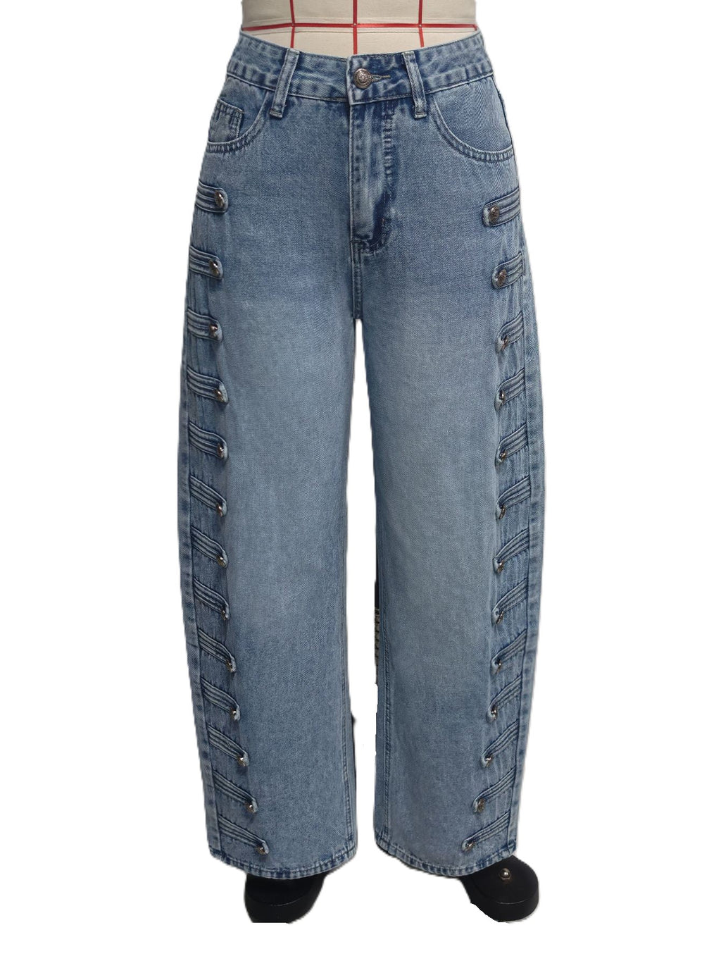 Barrel Leg Jeans with Button Trim Side Seams - Light_Blue