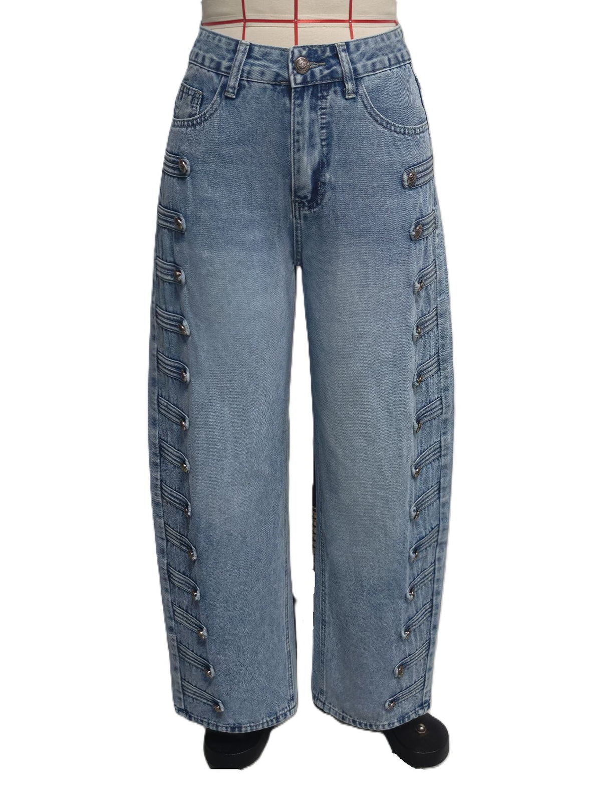 Barrel Leg Jeans with Button Trim Side Seams - Light_Blue