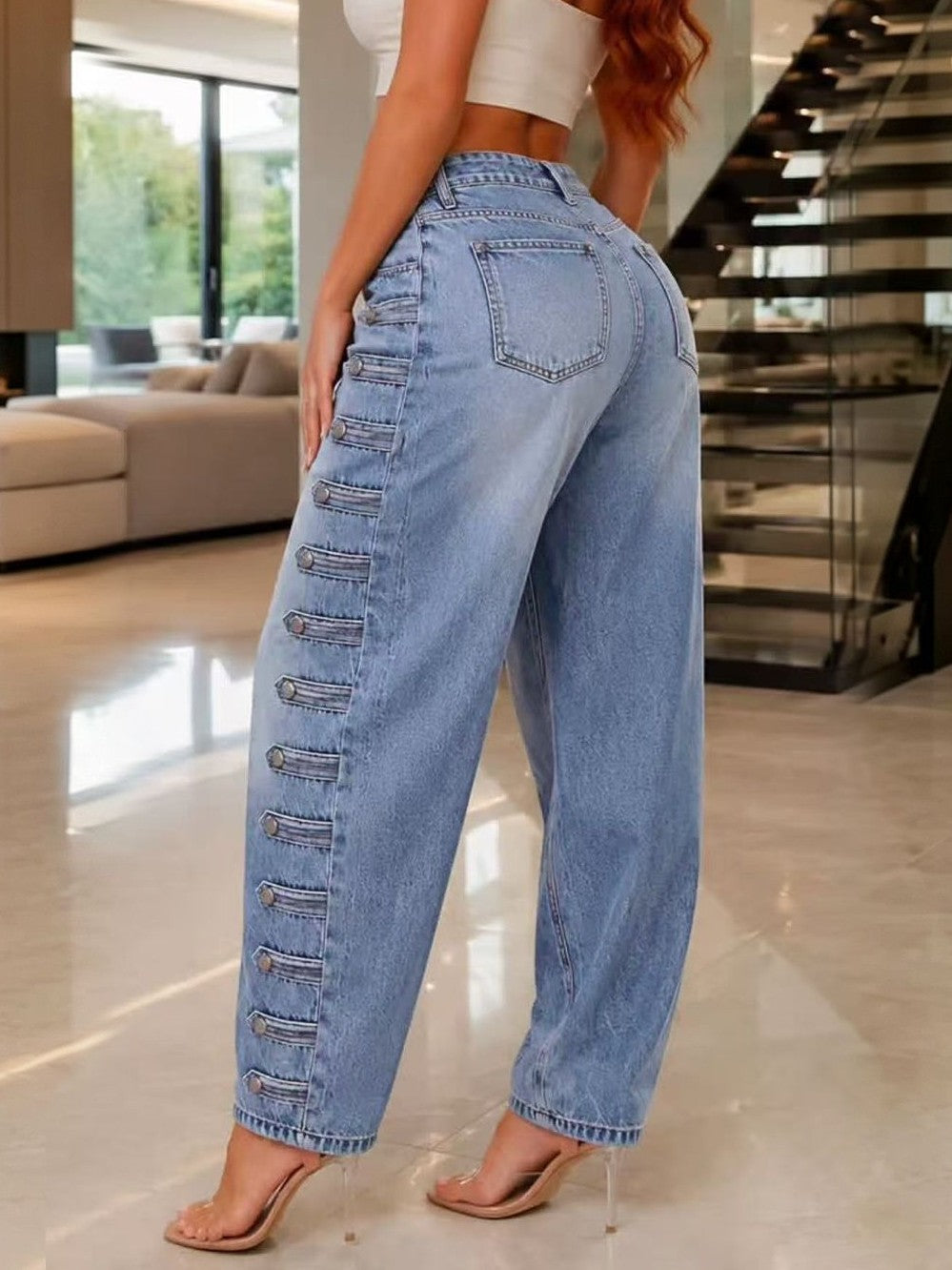 Barrel Leg Jeans with Button Trim Side Seams - Light_Blue - 1
