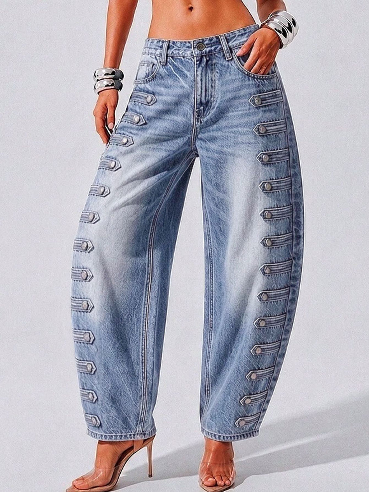 Barrel Leg Jeans with Button Trim Side Seams - Light_Blue - 2