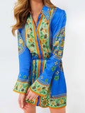 Medallion Print Flared Sleeve Mini Shirt Dress - Blue