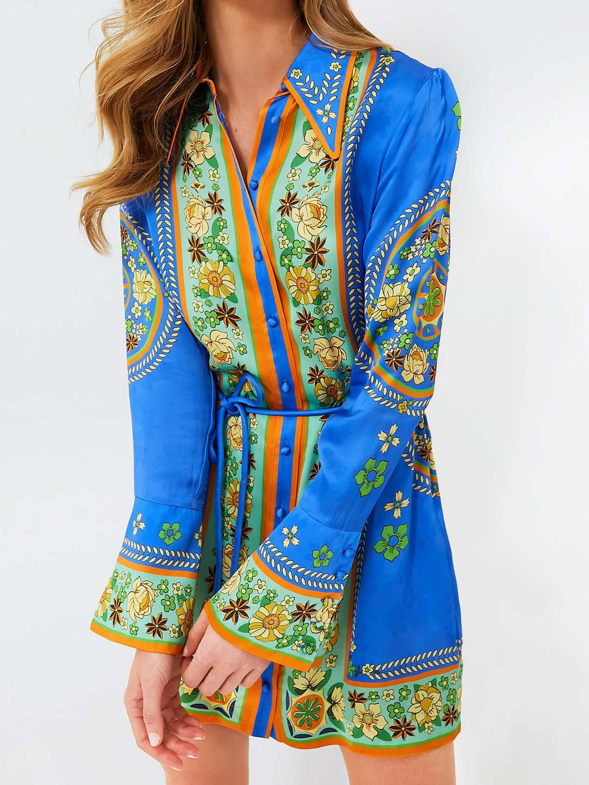 Medallion Print Flared Sleeve Mini Shirt Dress - Blue