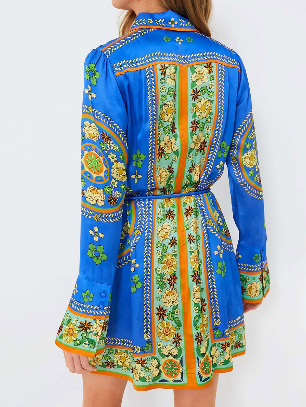 Medallion Print Flared Sleeve Mini Shirt Dress - Blue - 1