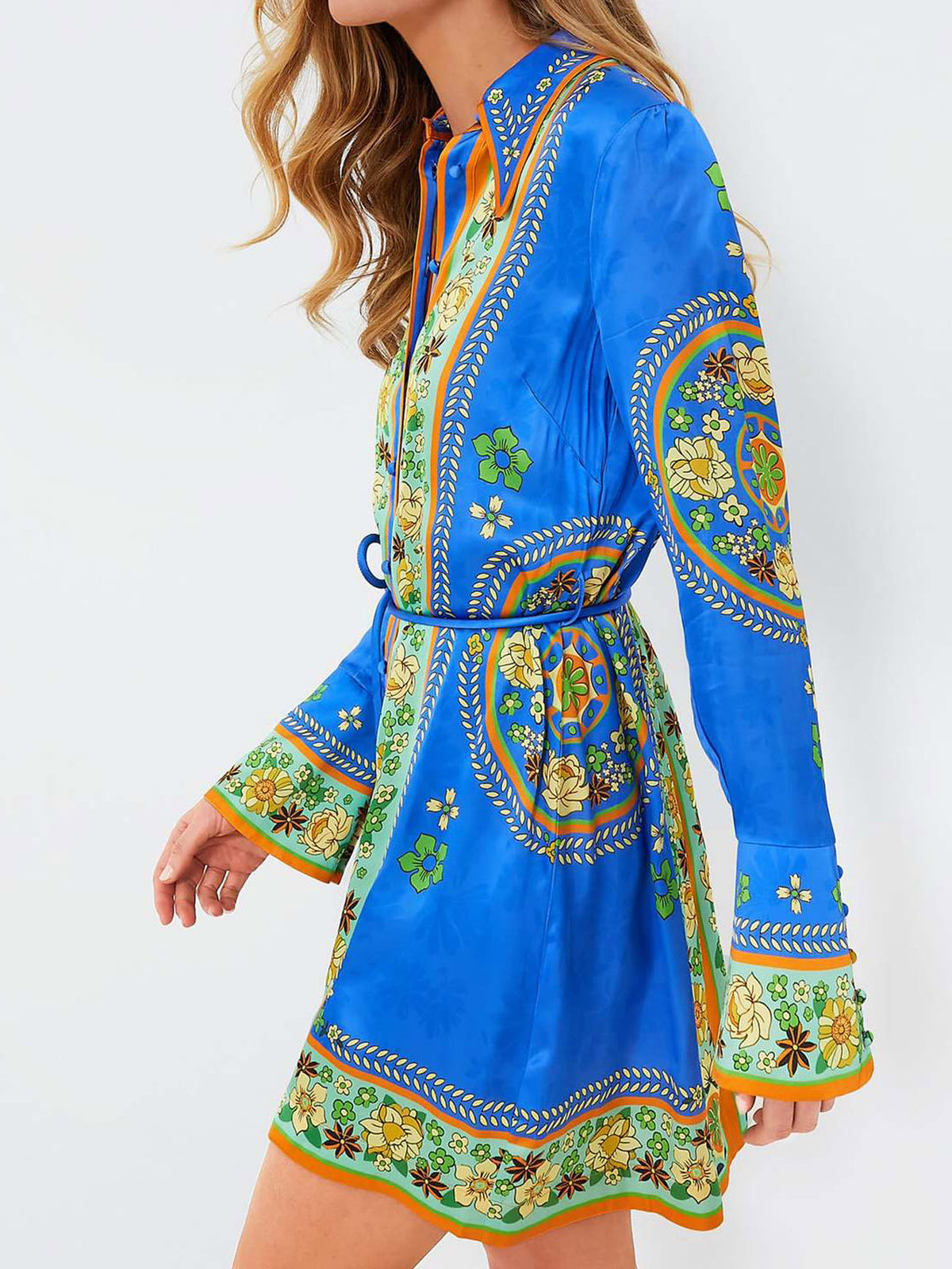 Medallion Print Flared Sleeve Mini Shirt Dress - Blue - 2