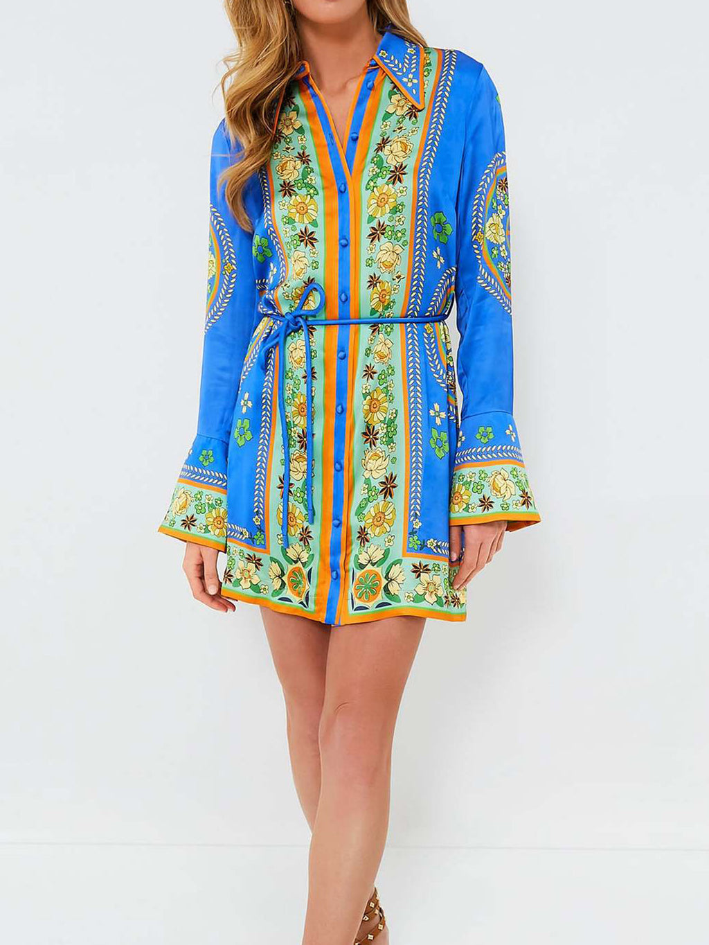 Medallion Print Flared Sleeve Mini Shirt Dress - Blue - 3