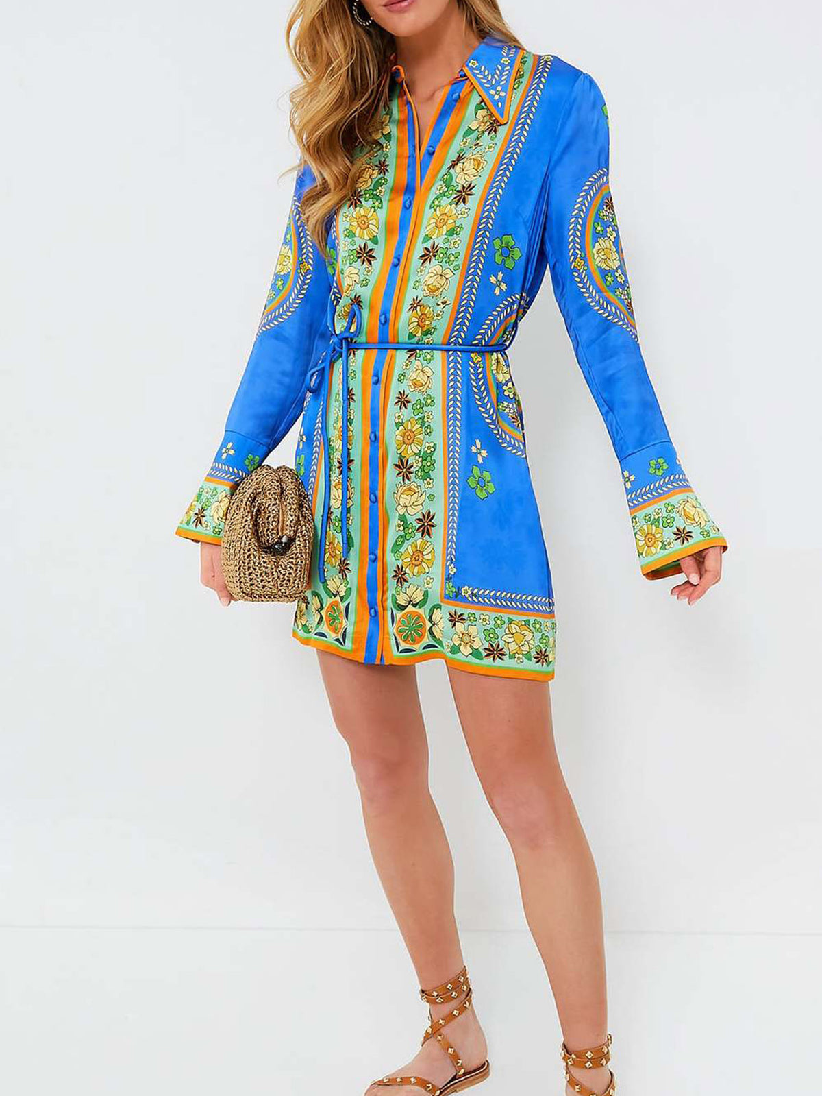 Medallion Print Flared Sleeve Mini Shirt Dress - Blue - 4