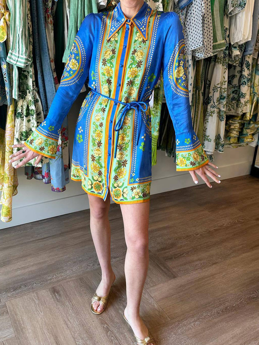 Medallion Print Flared Sleeve Mini Shirt Dress - Blue - 5