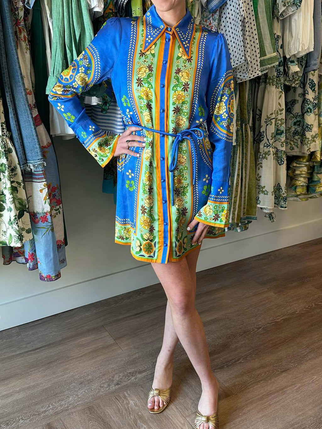 Medallion Print Flared Sleeve Mini Shirt Dress - Blue - 6