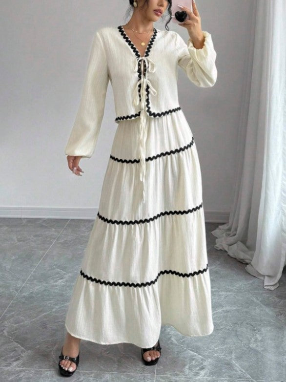 Contrast Trim Blouse And Tiered Maxi Skirt Set - Apricot