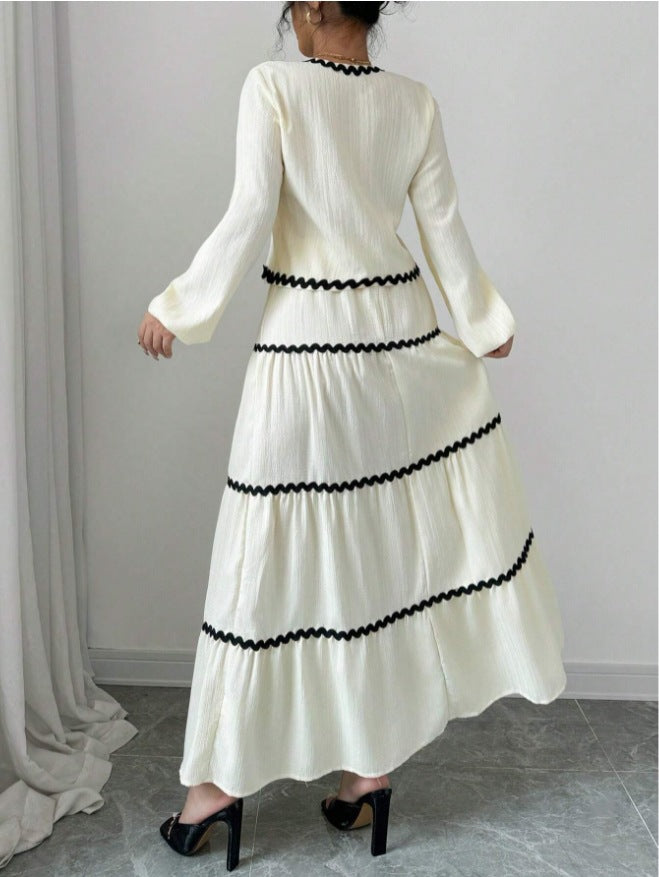 Contrast Trim Blouse And Tiered Maxi Skirt Set - Apricot - 1