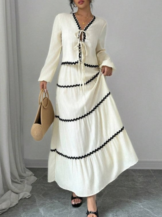 Contrast Trim Blouse And Tiered Maxi Skirt Set - Apricot - 2