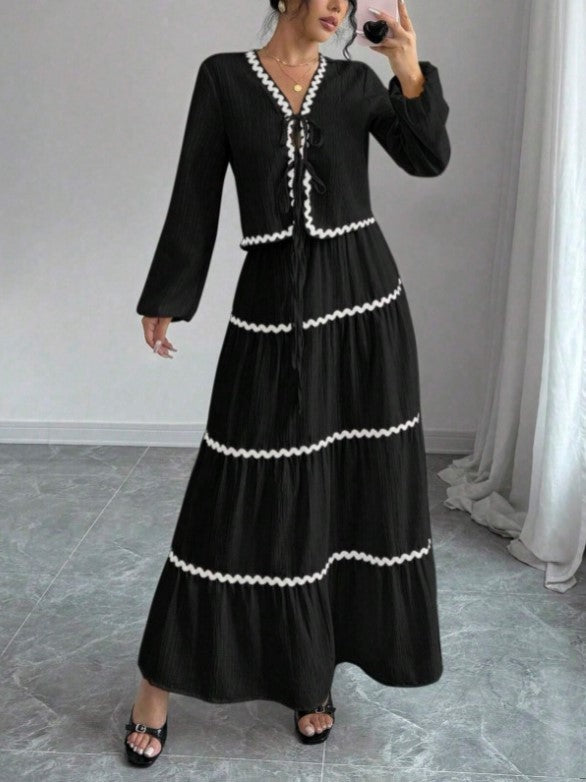 Contrast Trim Blouse And Tiered Maxi Skirt Set - Black