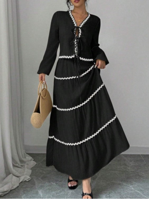 Contrast Trim Blouse And Tiered Maxi Skirt Set - Black - 1