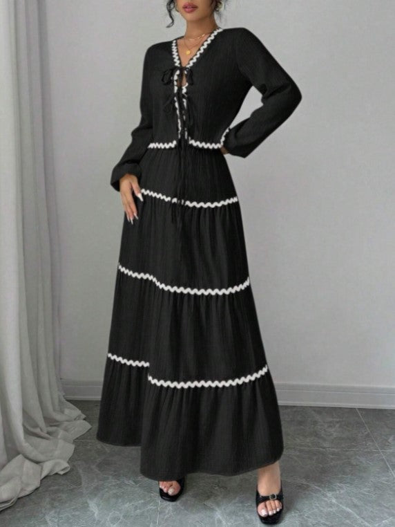 Contrast Trim Blouse And Tiered Maxi Skirt Set - Black - 2