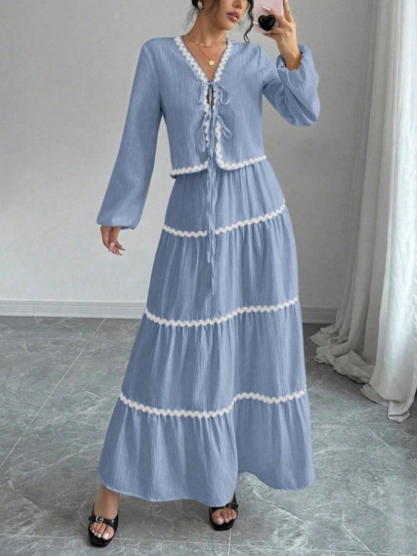 Contrast Trim Blouse And Tiered Maxi Skirt Set - Blue