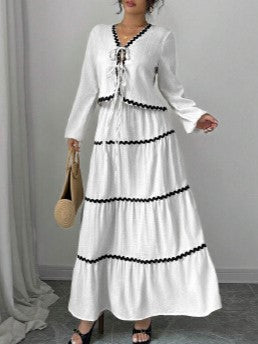 Contrast Trim Blouse And Tiered Maxi Skirt Set - White