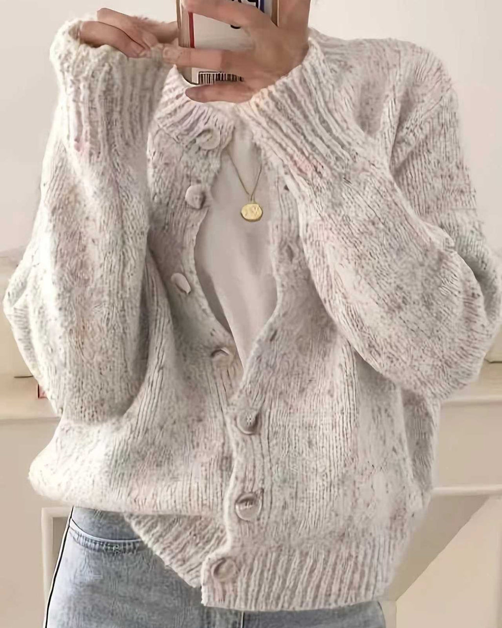 Confetti Fleck Knit Cardigan With Balloon Sleeves - Off-White
