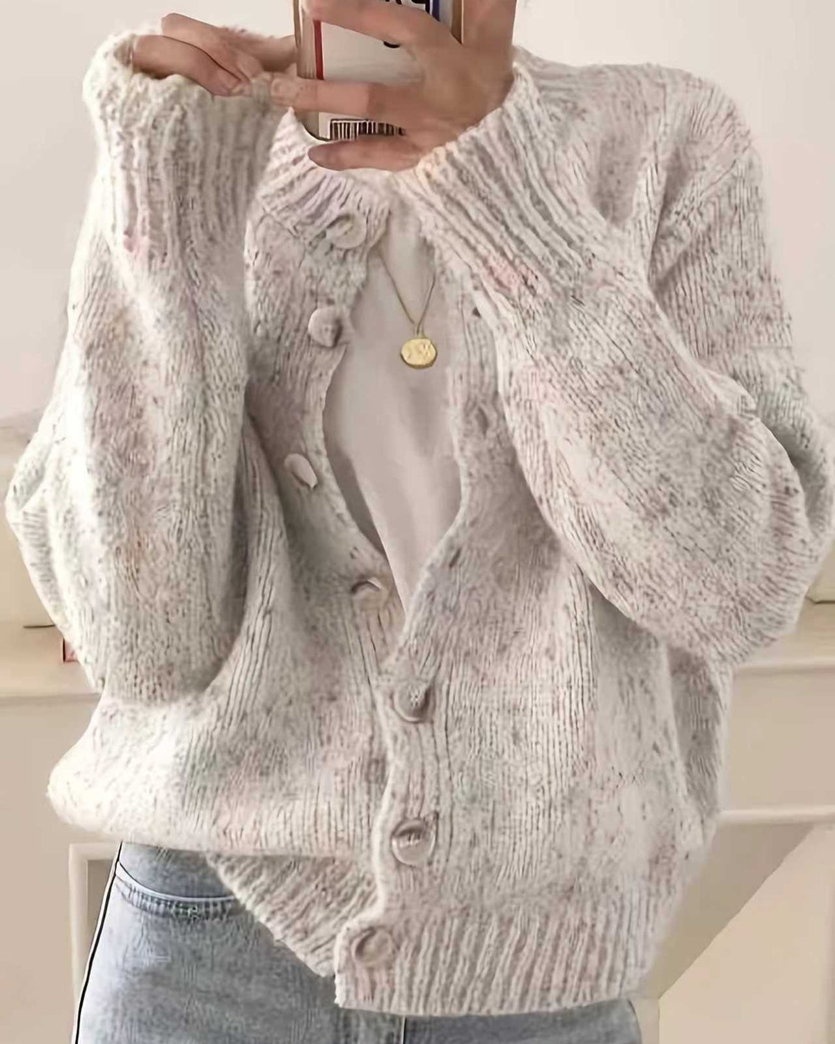 Confetti Fleck Knit Cardigan With Balloon Sleeves - Off-White