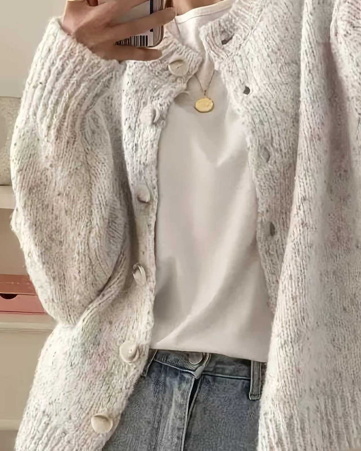 Confetti Fleck Knit Cardigan With Balloon Sleeves - Off-White - 1