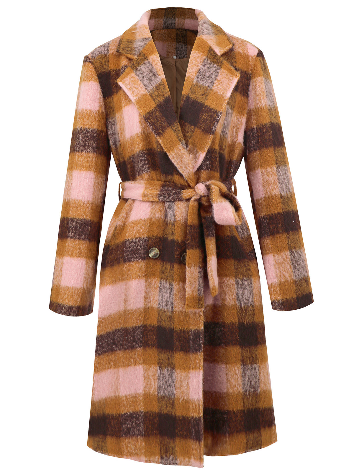 Belted Plaid Lapel Longline Coat - Pink