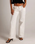 Studded Wide Leg Jeans With Glitter Star Pockets - White