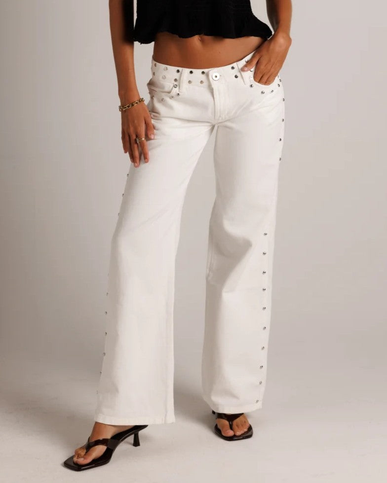 Studded Wide Leg Jeans With Glitter Star Pockets - White
