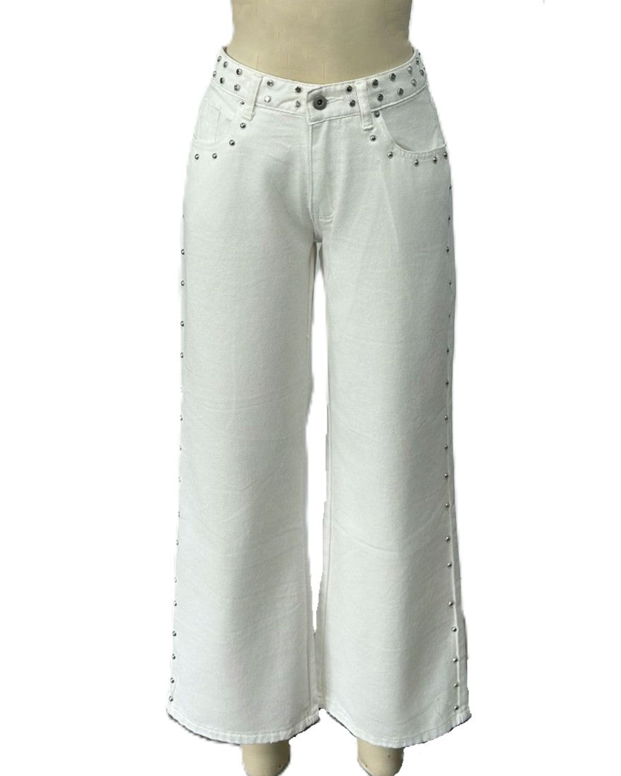 Studded Wide Leg Jeans With Glitter Star Pockets - White - 2