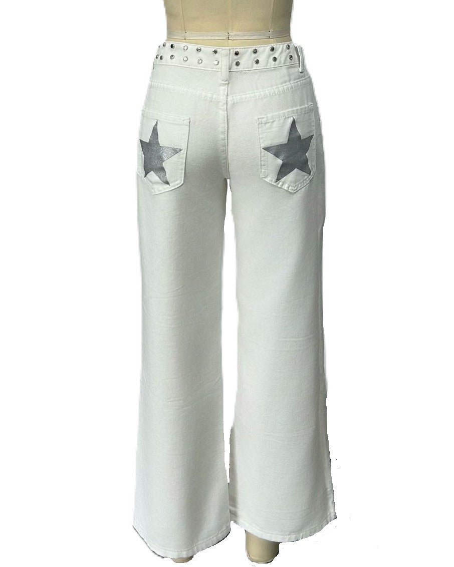Studded Wide Leg Jeans With Glitter Star Pockets - White - 3