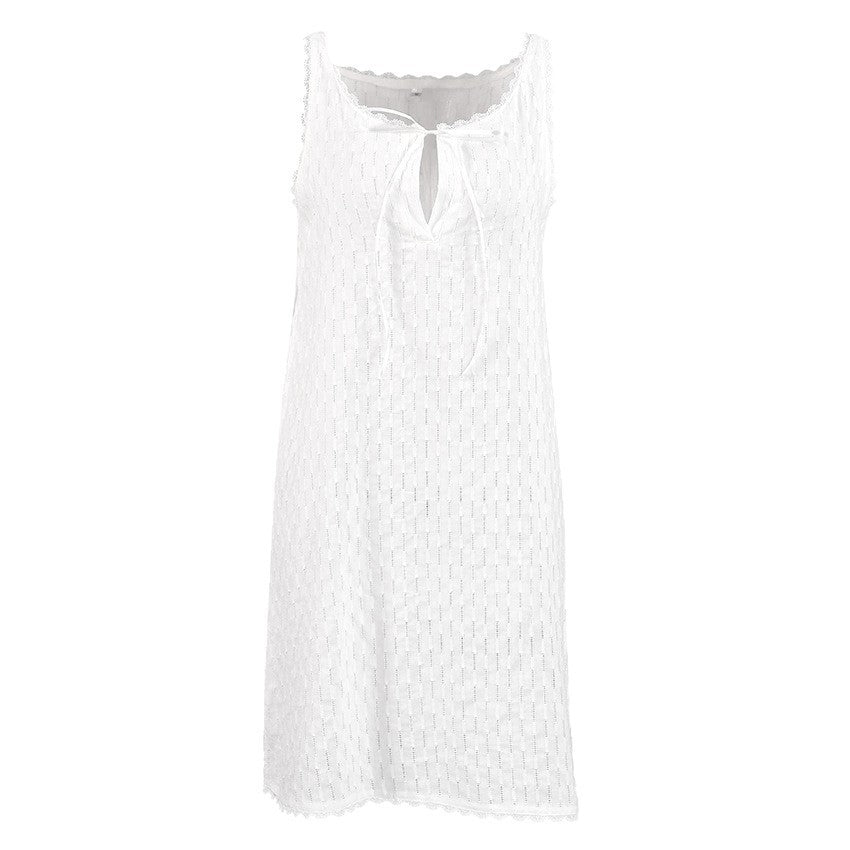 Cotton Pointelle Tie Neck Sleeveless Mini Nightgown