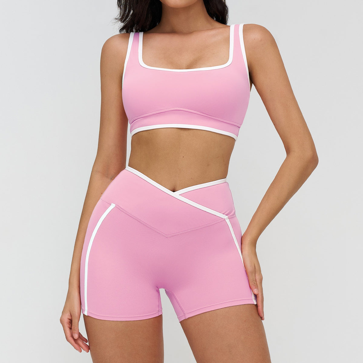 Contrast Piping Crossover High Waist Workout Set - Pink Square Shorts