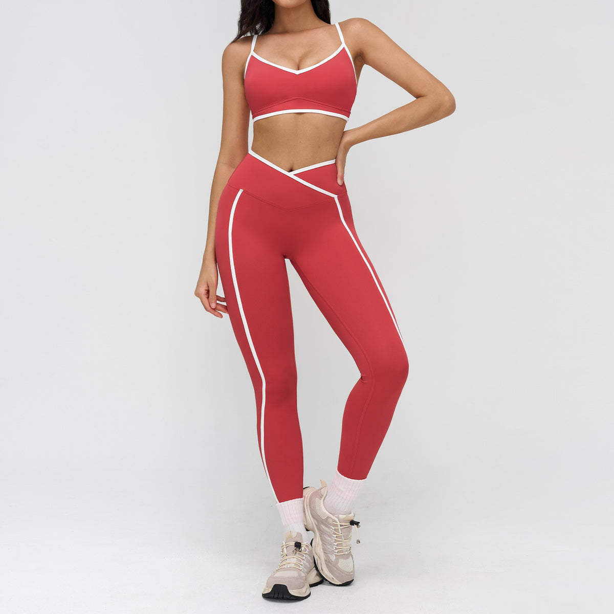 Contrast Piping Crossover High Waist Workout Set