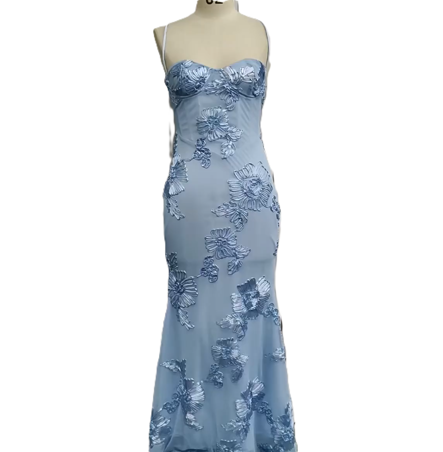Floral Mermaid Maxi Prom Dress With Tie Back - Blue - 1
