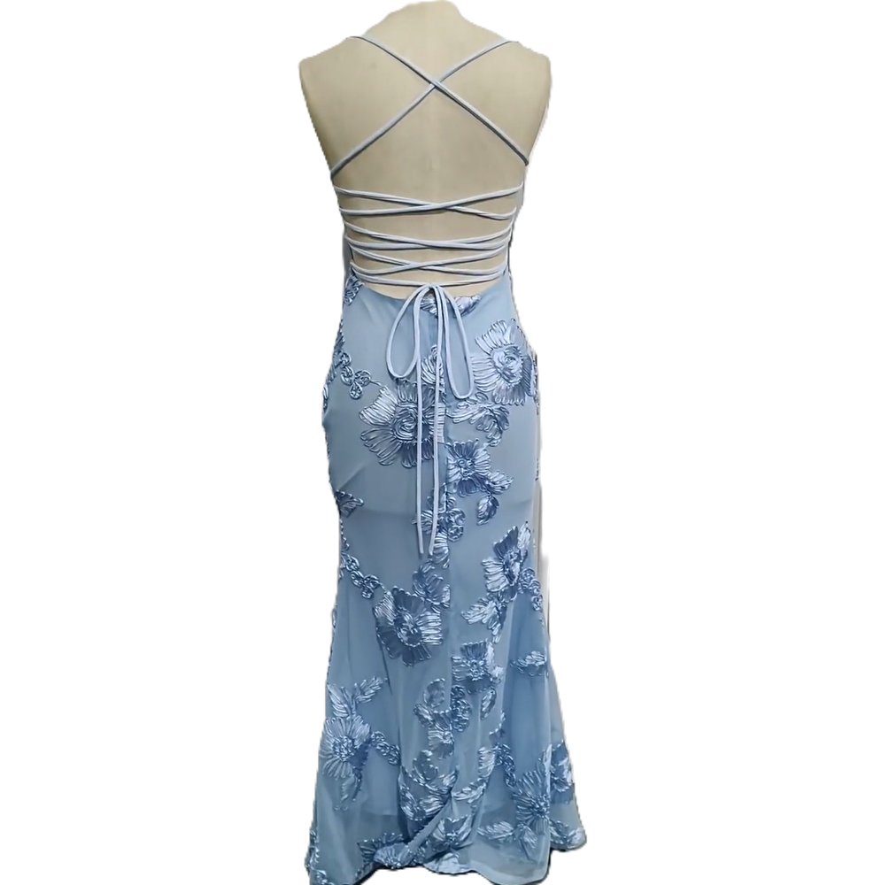 Floral Mermaid Maxi Prom Dress With Tie Back - Blue - 2