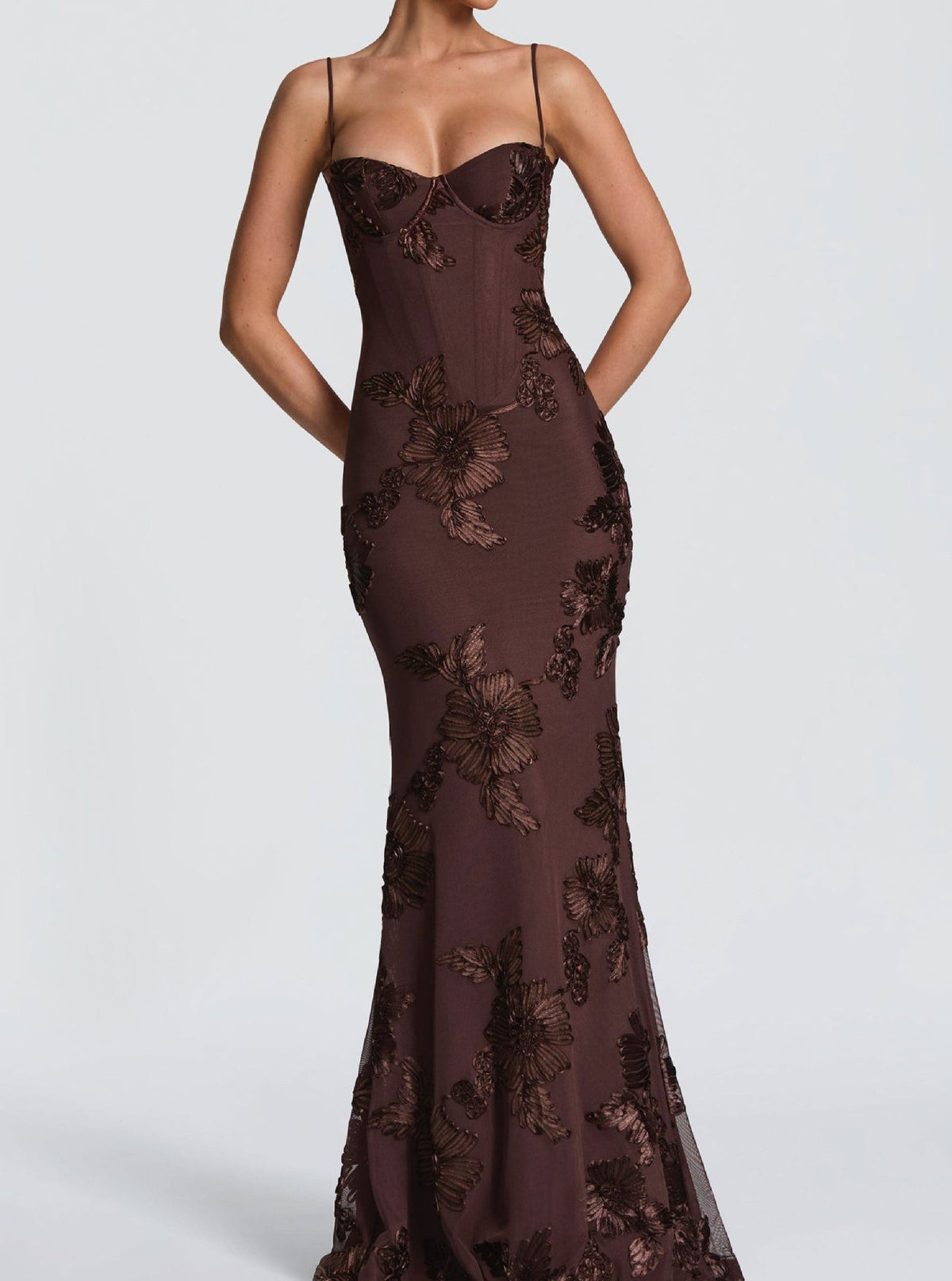 Floral Mermaid Maxi Prom Dress With Tie Back - Brown