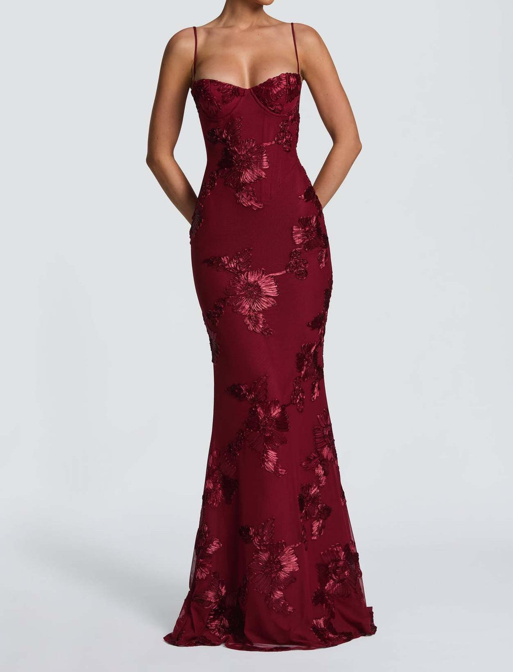 Floral Mermaid Maxi Prom Dress With Tie Back - Winered