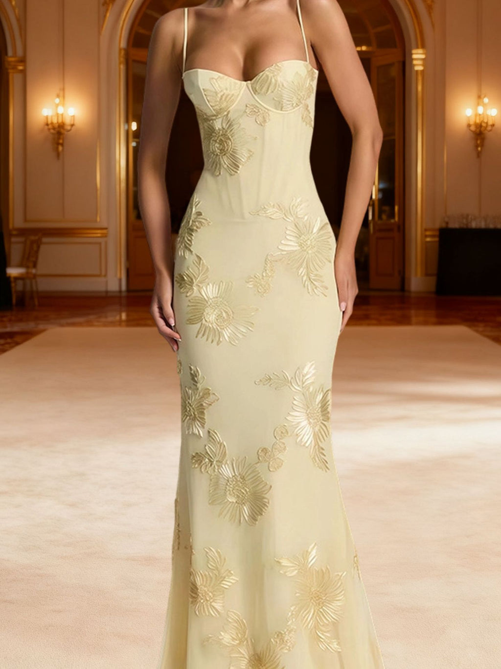 Floral Mermaid Maxi Prom Dress With Tie Back - Yellow