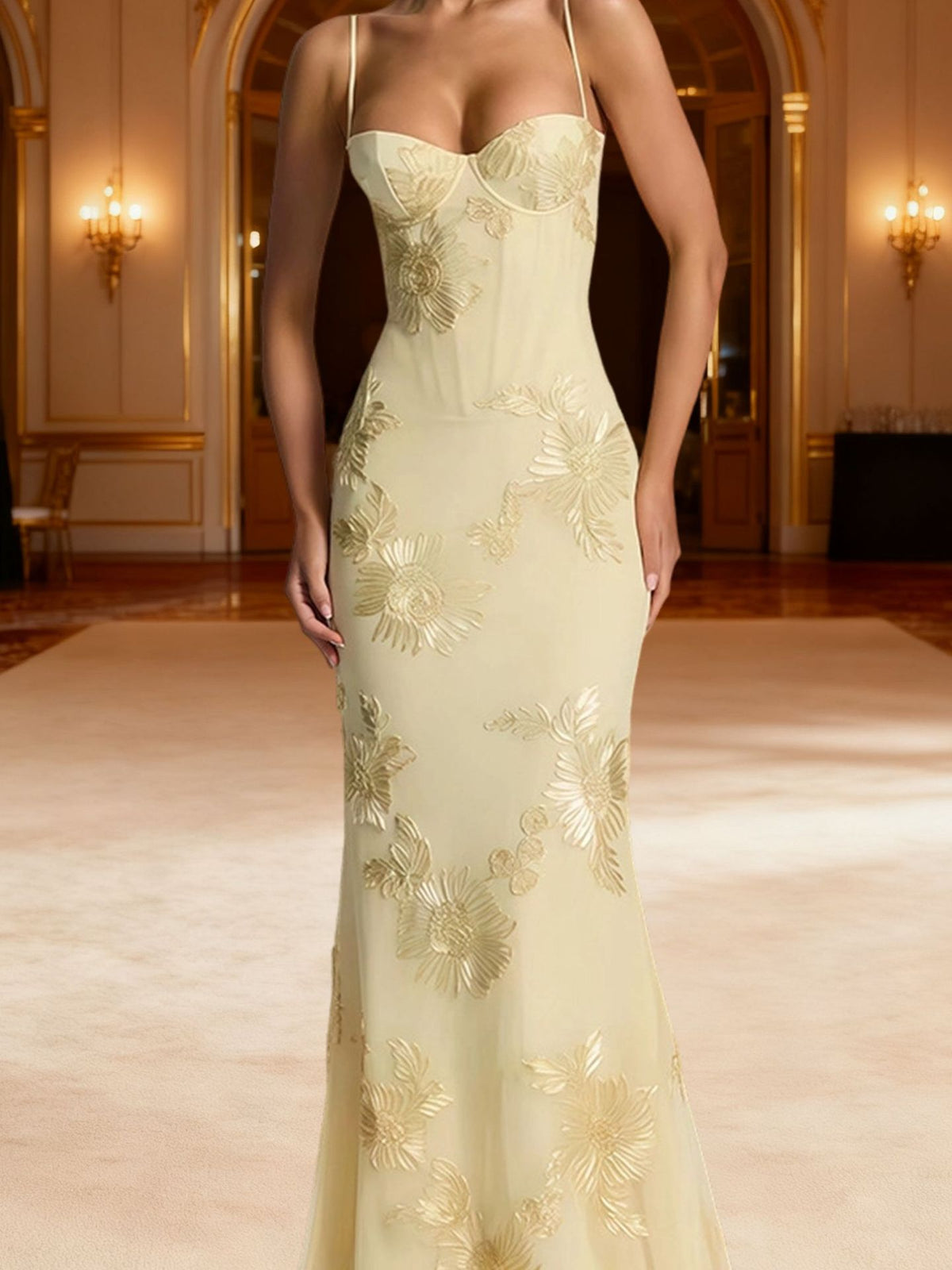 Floral Mermaid Maxi Prom Dress With Tie Back - Yellow