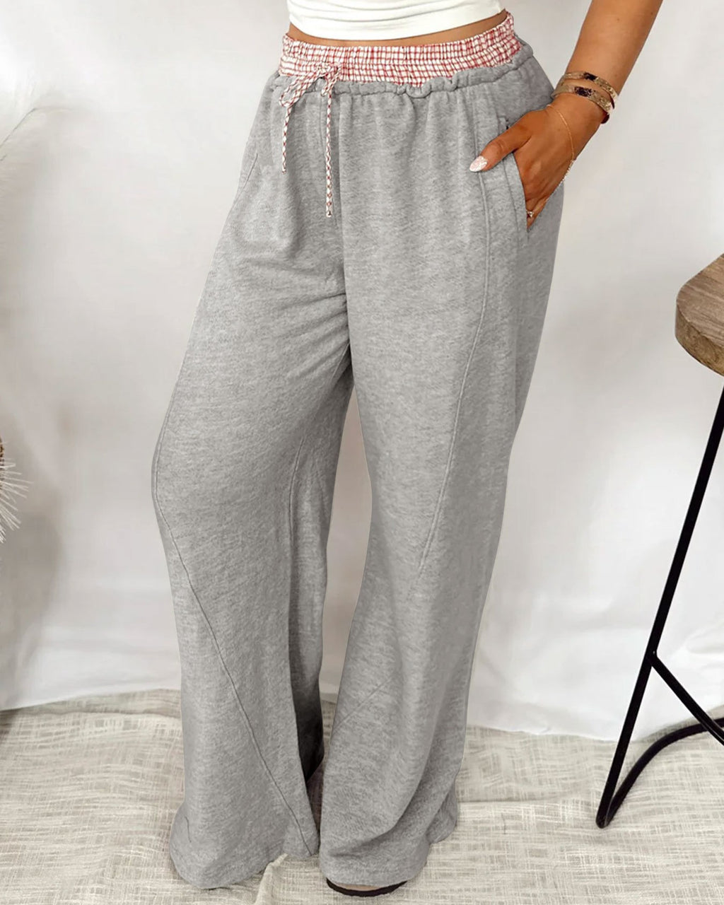 Plaid Waistband Heathered Wide Leg Pants - Gray - 2