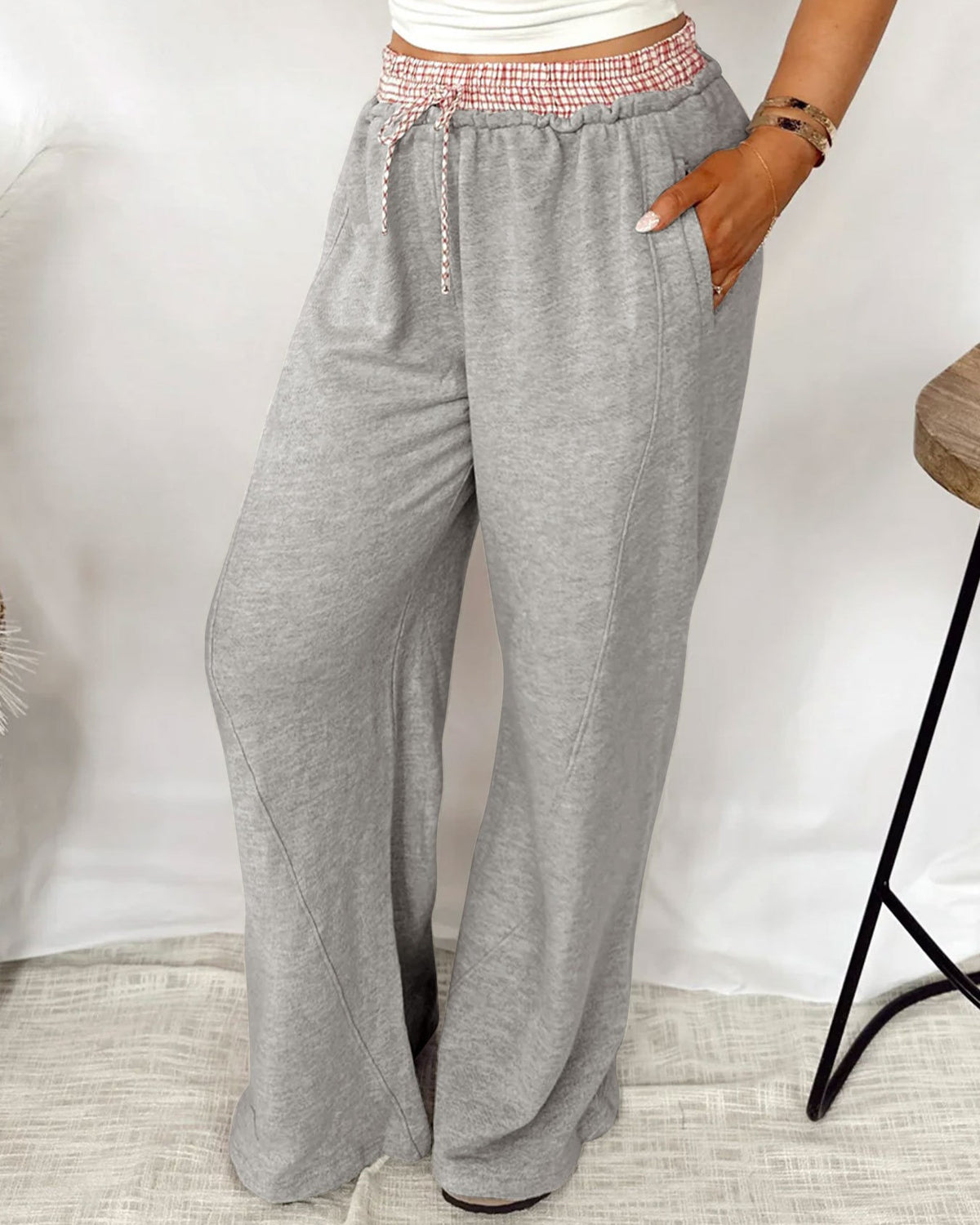 Plaid Waistband Heathered Wide Leg Pants - Gray - 2