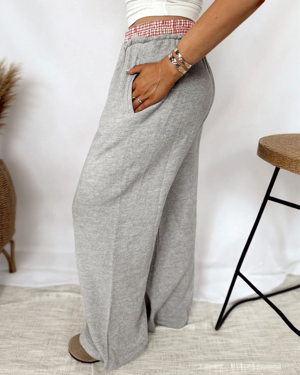 Plaid Waistband Heathered Wide Leg Pants - Gray - 3