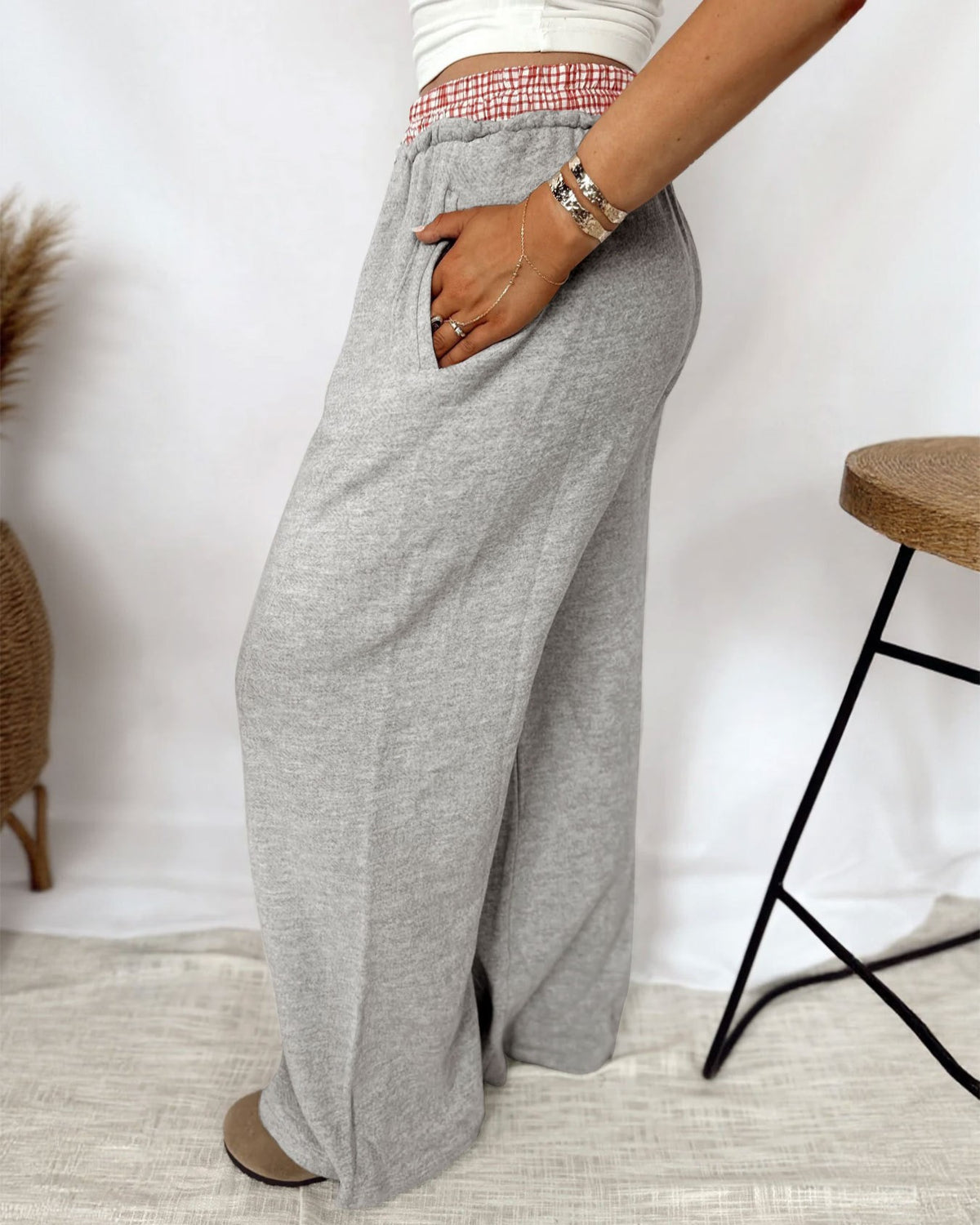 Plaid Waistband Heathered Wide Leg Pants - Gray - 3