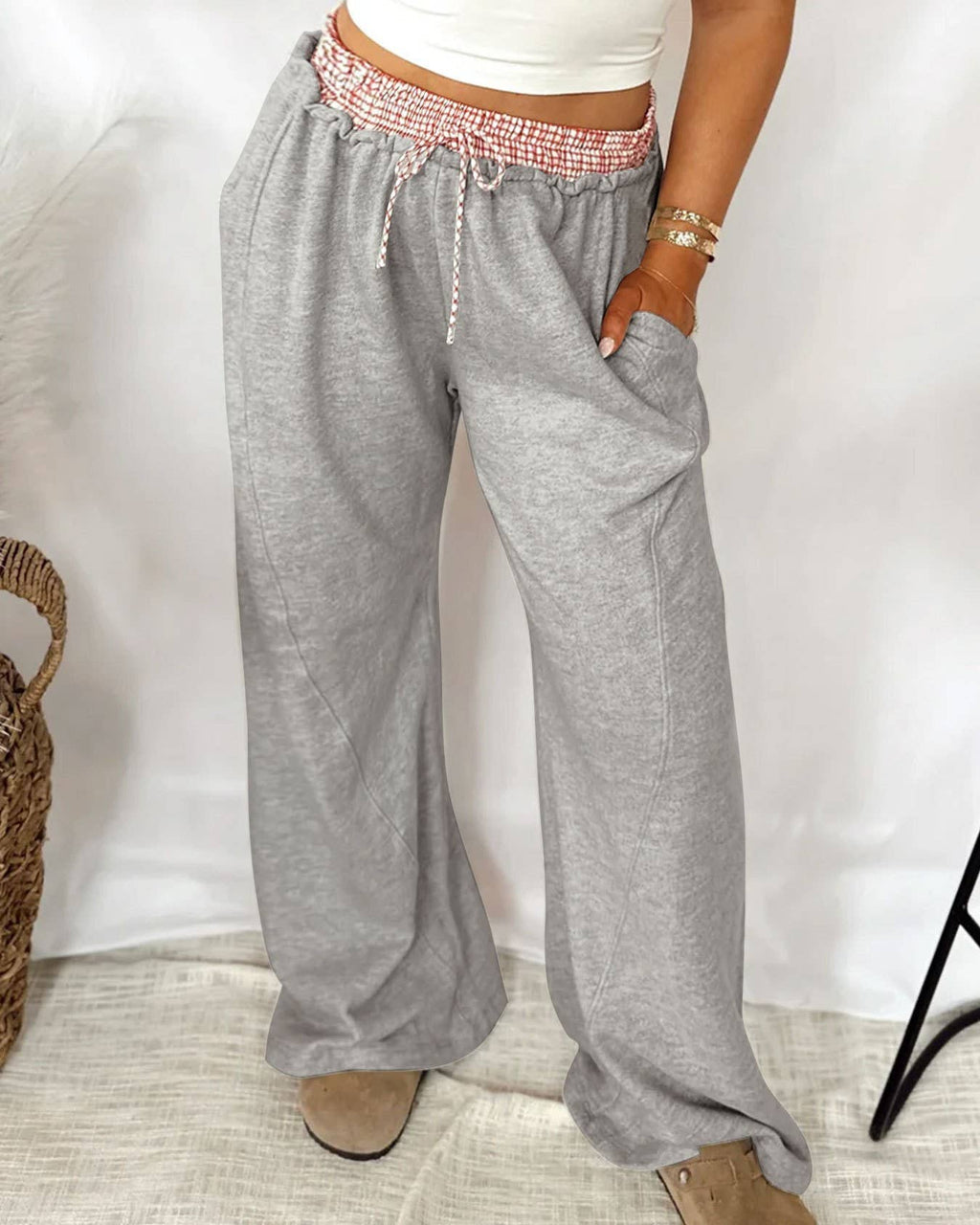 Plaid Waistband Heathered Wide Leg Pants