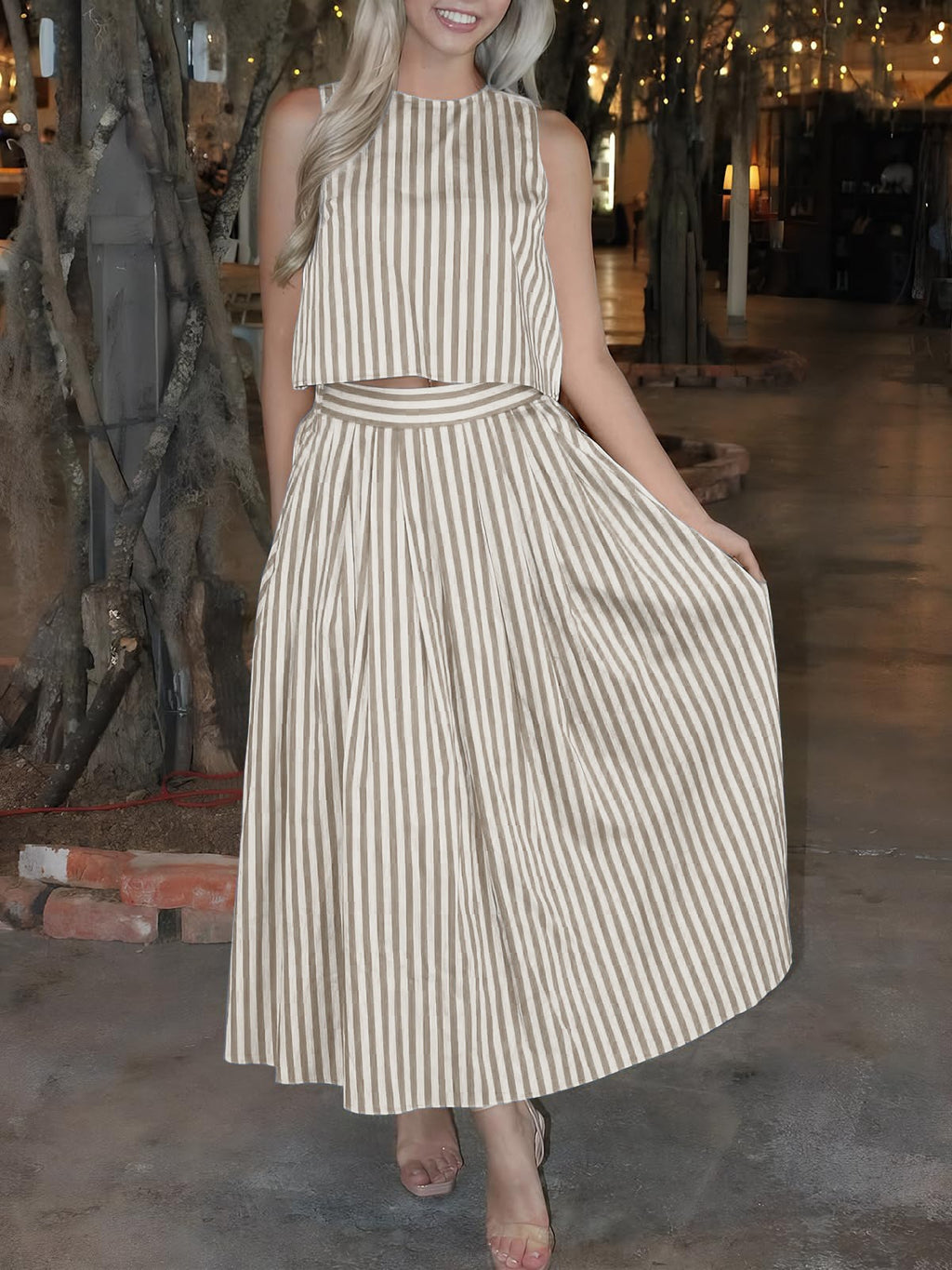 Pinstripe Sleeveless Top and Flared Skirt Set - Khaki
